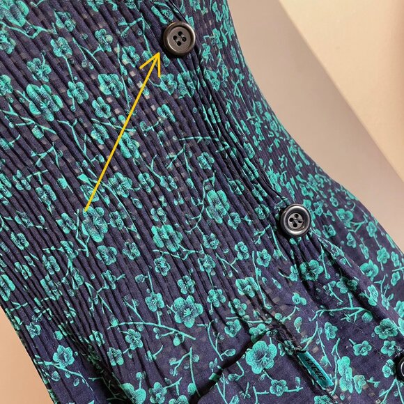 Floral Tunic Top Button-Side Shirred Sleeveless Semi-Sheer Blue Teal Pockets - Picture 6 of 11